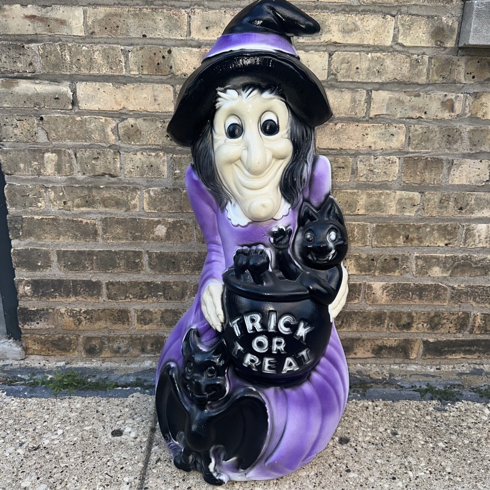 Vintage Halloween Trick or Treat Witch Black Cauldron Vampire Cat Bat Blow Mold